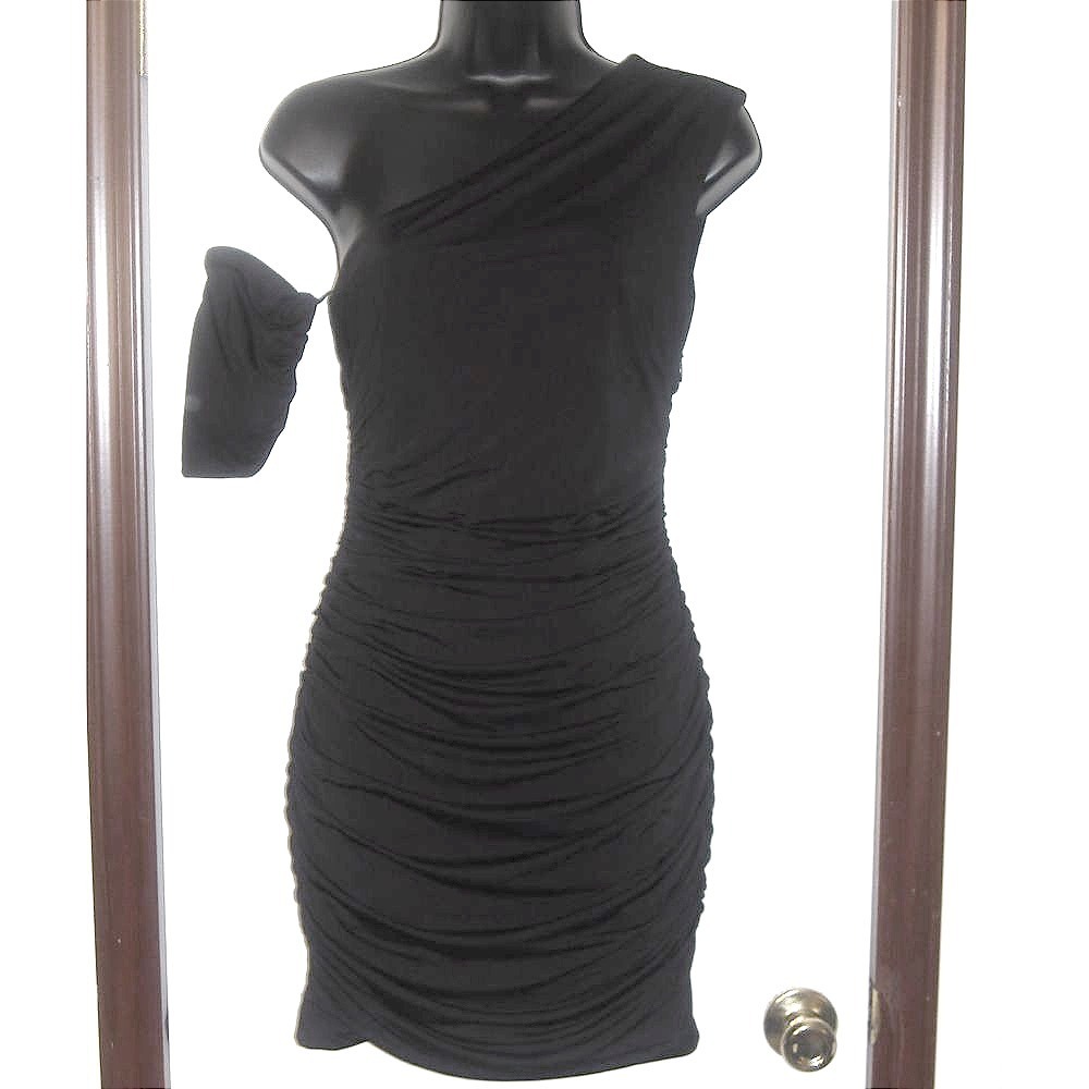 AQUA One Shoulder Ruched Bodycon Black Dress Cocktail Party Evening Wear XS